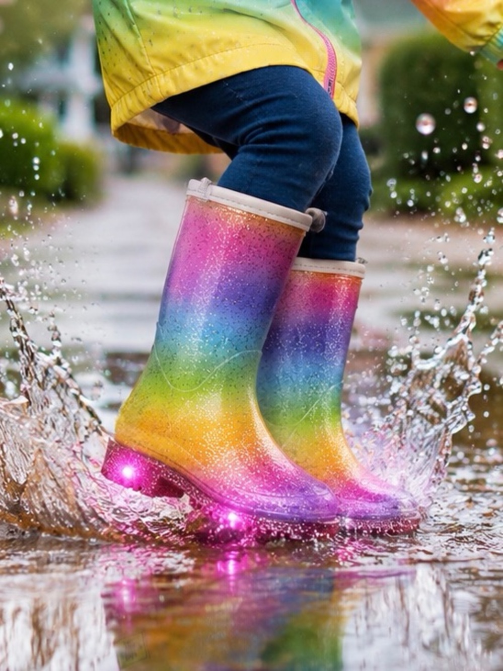 Western Chief Rainbow Princess Glitter Light-Up Rain Boots Fur Lined Kids Girl 7